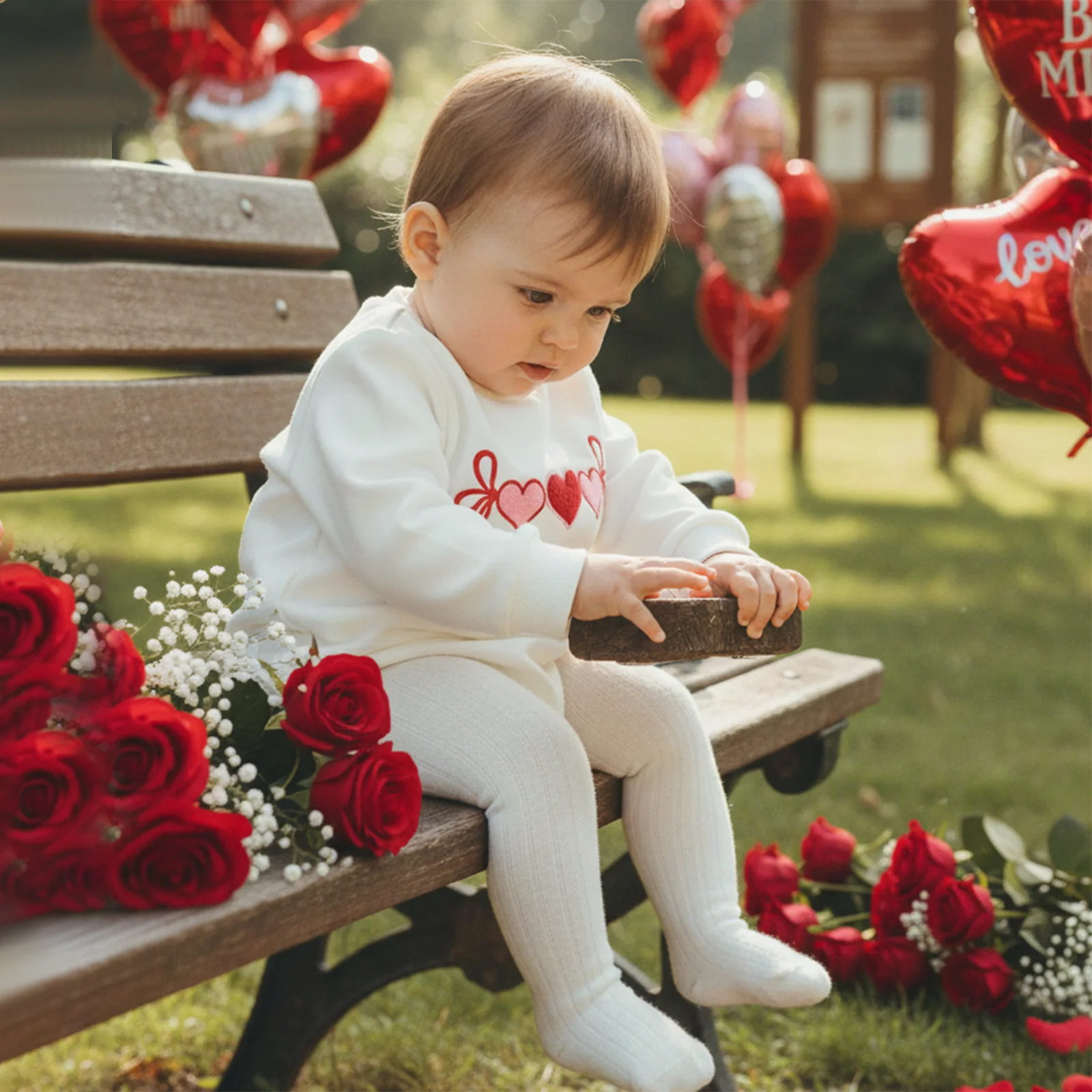 Baby Girl Valentine's Day Romper Long Sleeve Round Neck Heart Embroidery Rompers