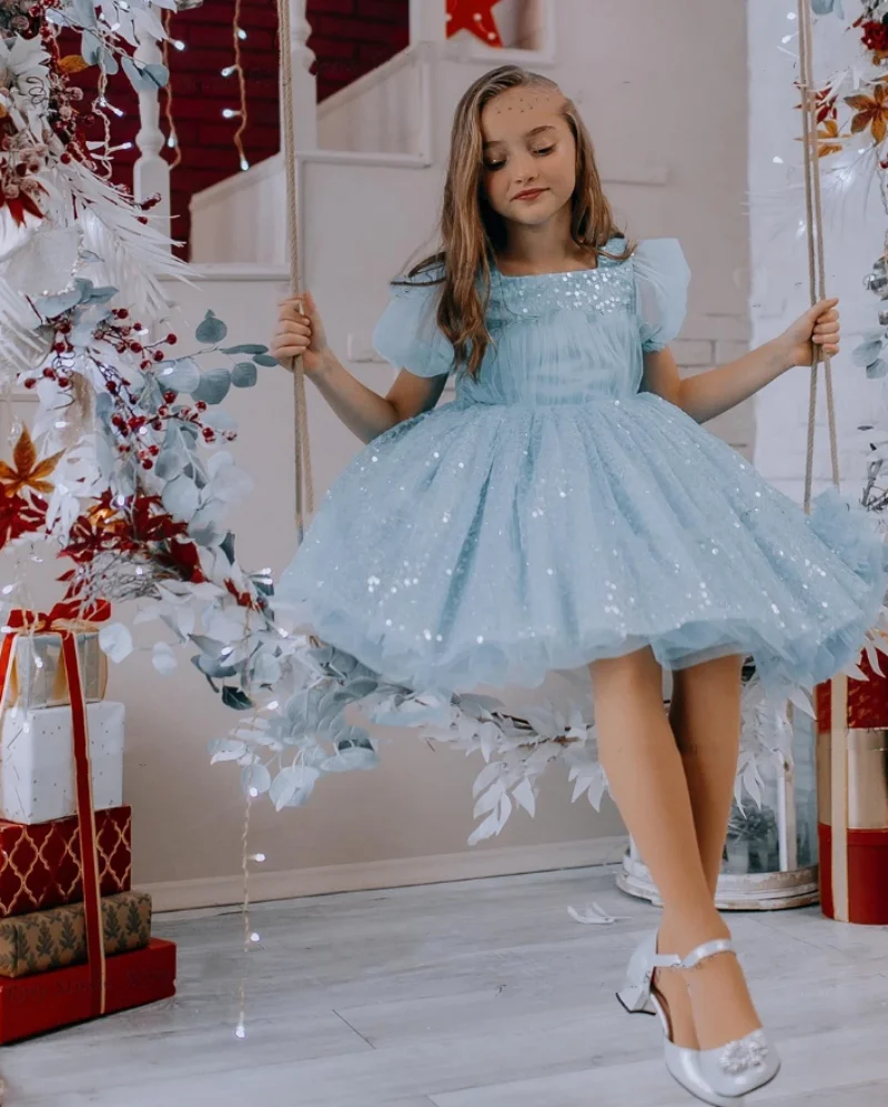 Elegant Light Blue Flowers Girls Dresses Glitter Sequin Square Neckline Dance Dress A-line Short Kids Birthday Party Dress