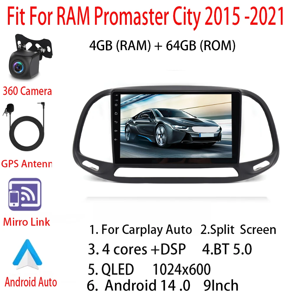 Автомобильная многофункциональная навигация Android 14 Автомобильная стереосистема для Carplay/Android Автоматическая навигация для RAM Promaster City 2015-2021