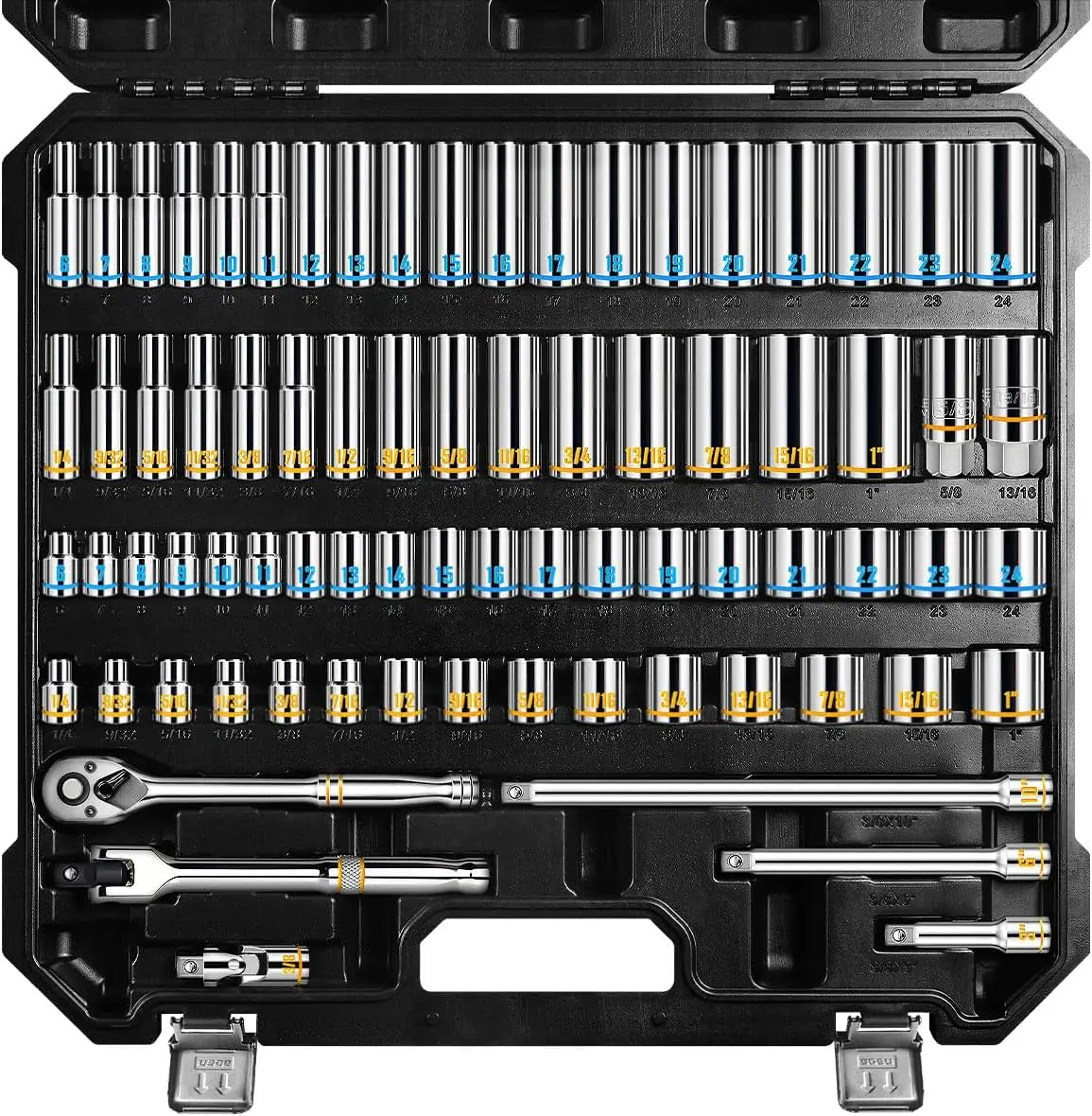 3 8 Inch Drive Socket Wrench Set 76 Piece Metric 6 24mm SAE 1 4 To 1 Deep Shallow Kit Embossed Painted Markings Ratchet Handle S