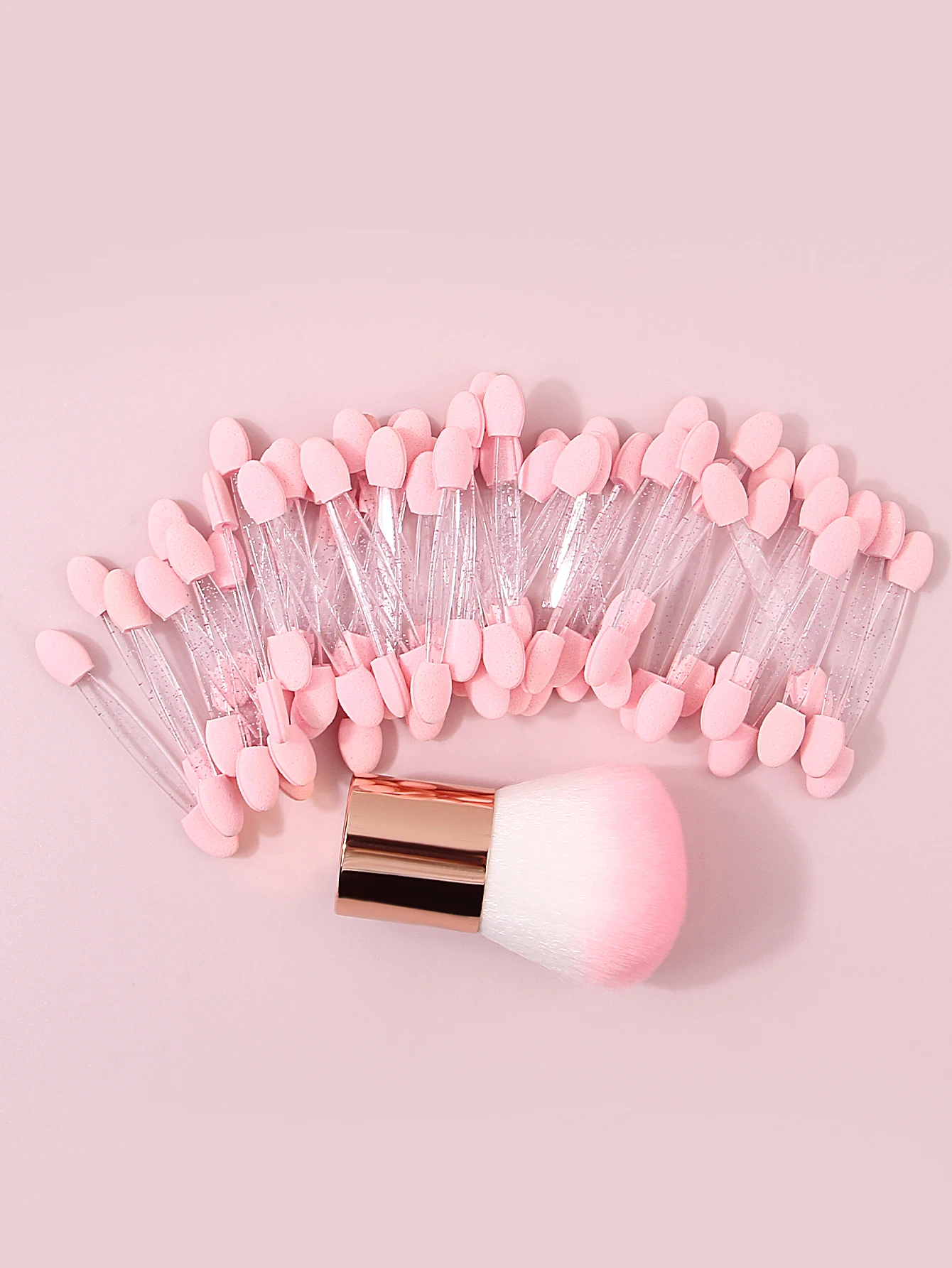 Pennello per ombretto in stick di spugna rosa a doppia testa da 50 pezzi, bastoncino per sbavature in spugna multiuso + set di pennelli per cipria sciolto portatile da 1 pezzo