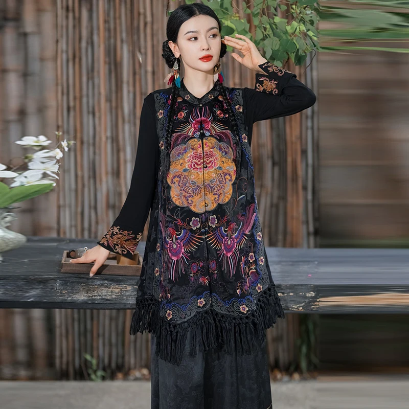 Retro Embroidered Loose Sleeveless Jacket Coat Tassel Vest Shoulder Pad Outerwear Sweet Style Midi Length Single Button Closure
