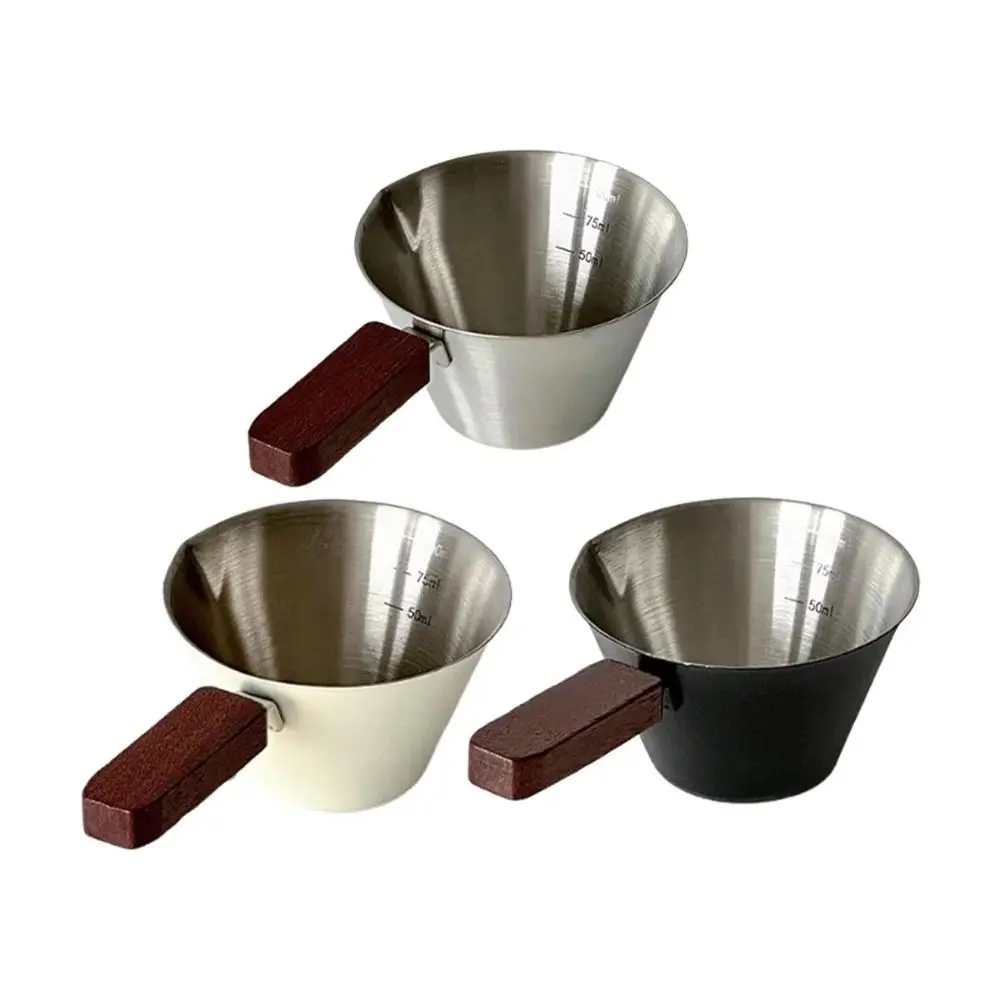 Stainless Steel Espresso Measuring Cup Spout Mouth Thicken Wood Handle Espresso Extraction Mug Easy To Read Comfortable Grip