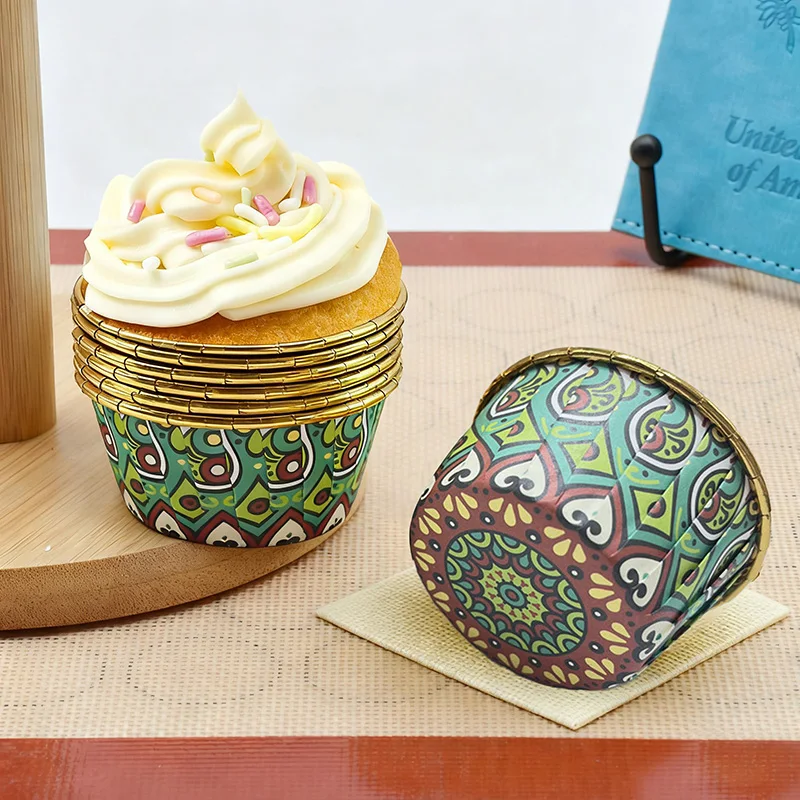 50 قطعة من كب كيك البوهيمي مع أغطية، كوب مافن للاستعمال مرة واحدة، بطانات كب كيك لامعة مقاومة للحرارة لعيد مبارك #4