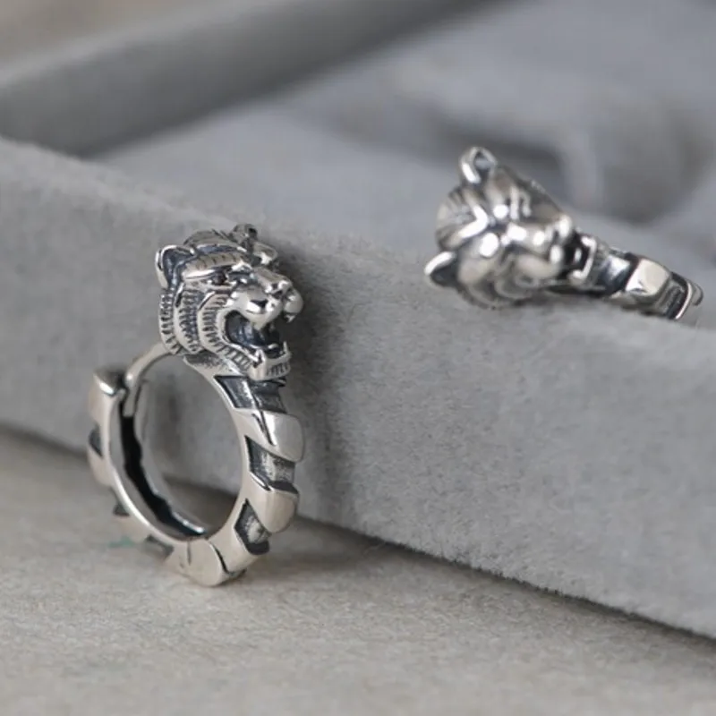 New Real S925 Pure Silver Jewelry Retro Fashion Woman Earrings Simple Art Tiger Head Men's Earrings