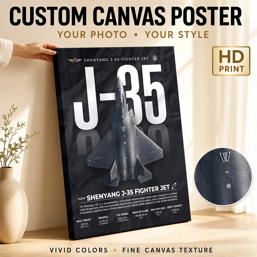 Shenyang J-35 Fighter Jet Infographic Framed Canvas Print Poster Personalized Photo Industrial Study Wall Paintings Decoration