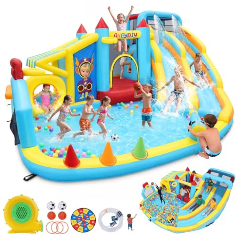 Backyard inflatable water slide bounce house for kids 3-12: 15.7FT dual-slide park with climbing jumping splash pool hoop water