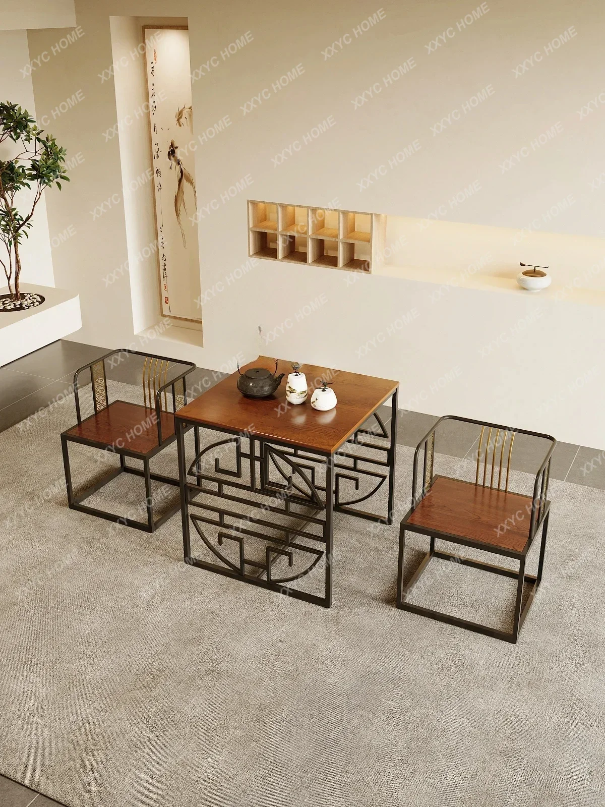 A New Chinese-style official hat chair three-piece set hotel homestay Taishi chair wrought iron Zen coffee table