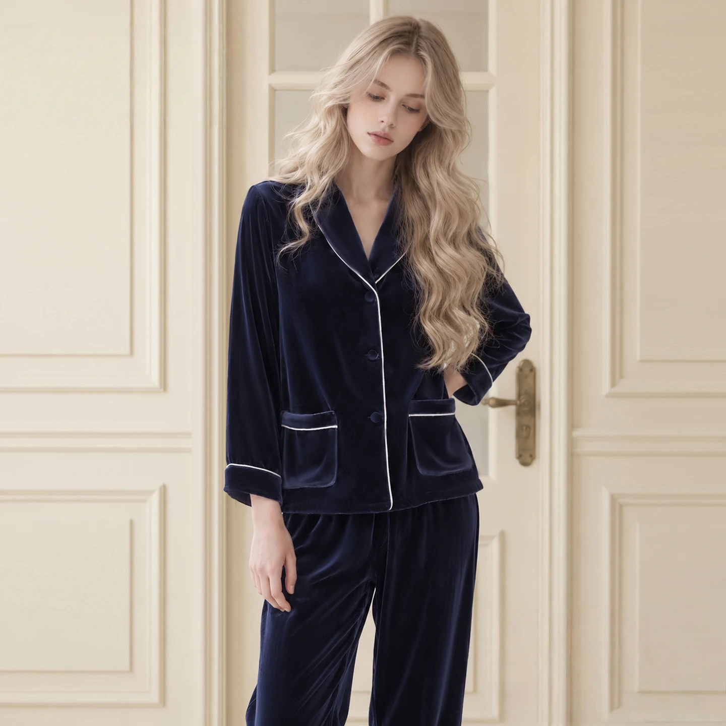 Women Mulberry Silk Velvet Pajamas Set Long Sleeve Solid Color Button Down Luxury Warm Autumn Winter Sleepwear Loungewear Gift