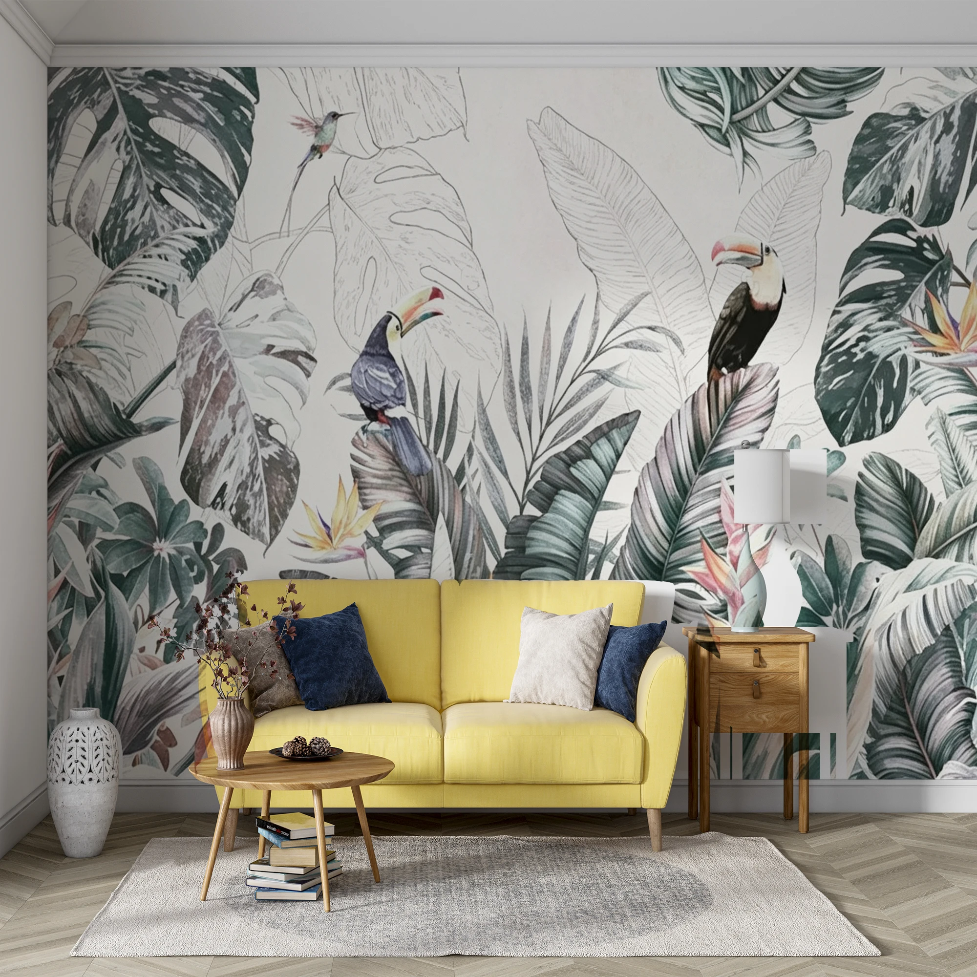 Custom Tropical Jungle Mural Wallpaper Toucan Hummingbird Monstera Leaf Paradise Flower Watercolor Wall Paper for Living Room