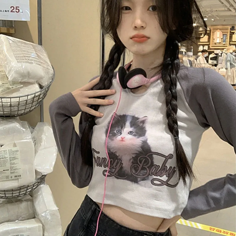 Y2k Aesthetic Patchwork T Shirts Kawaii Cat Print Graphic Cute Top Women Casual Crop Tops Long Sleeve Harajuku Pink Color Tees