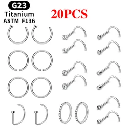 20PCS G23 Titanium Nose Rings Studs Septum Piercing Clicker 18/20G CZ Ear Tragus Cartilage Earrings Hoops Men Women Body Jewelry