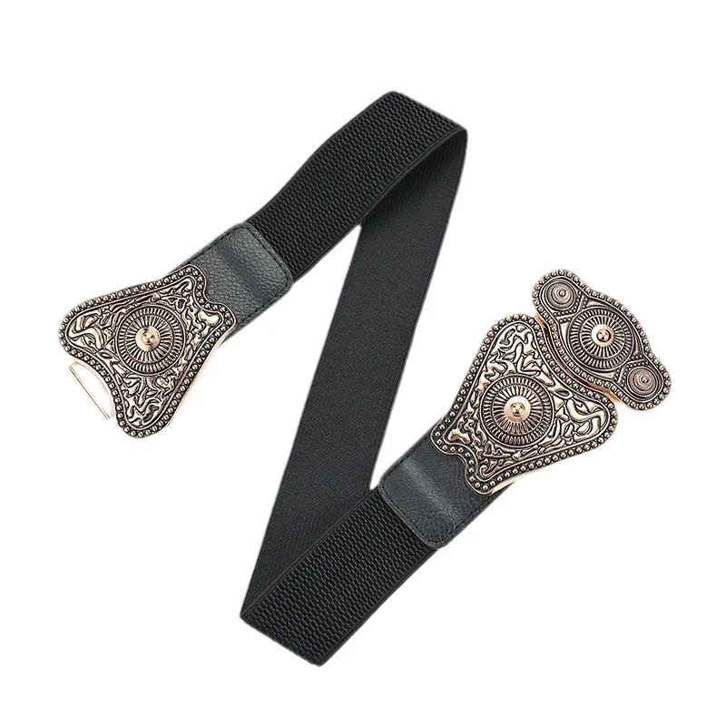 Cintura da donna nera elastica con fibbia a fiore retrò occidentale Cintura da donna alla moda Cappotto maglione Fascia da smoking per donna