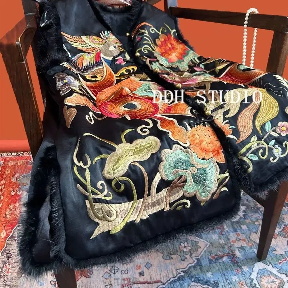New Chinese Style Top Chinese Style Ancient Embroidery Vest With Fish Vest Satin Patchwork Sleeveless Top Embroidered Waistcoat