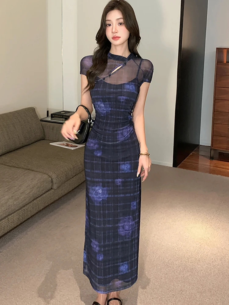 2025 bleu Floral Plaid Patchwork maille pure Sexy longue robe femmes coréen Vintage luxe robes été élégant moulante robes