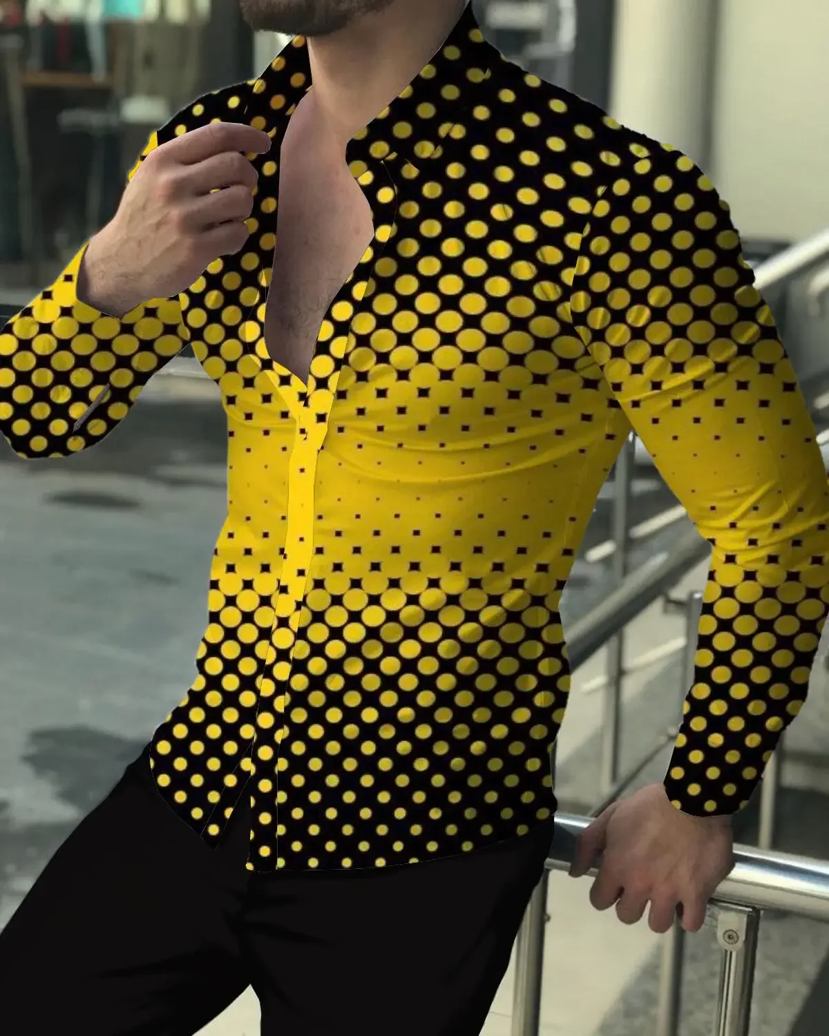 Men's Geometric Texture 3D Printing Fashionable Casual Long-sleeved Lapel Button Shirt Men's Slim Fit Simple Business Party Top