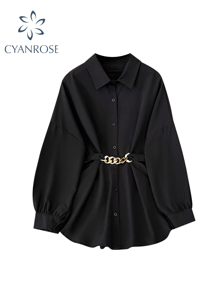 Women\'s Black Gothic Shirts and Blouses Y2k Vintage Harajuku 2000s Elegant Oversize Polo-Neck Long Sleeve Shirts Clothes Summer