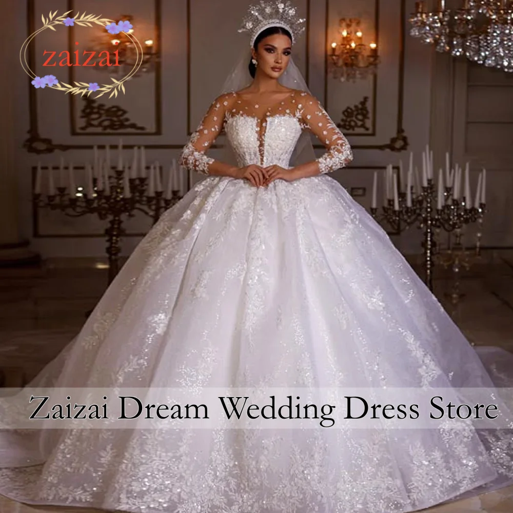 Customized  Luxury Beaded Sequin Appliques Ball Gown Wedding Dresses Long Sleeves Train Bridal Gowns Amanda Novias Official
