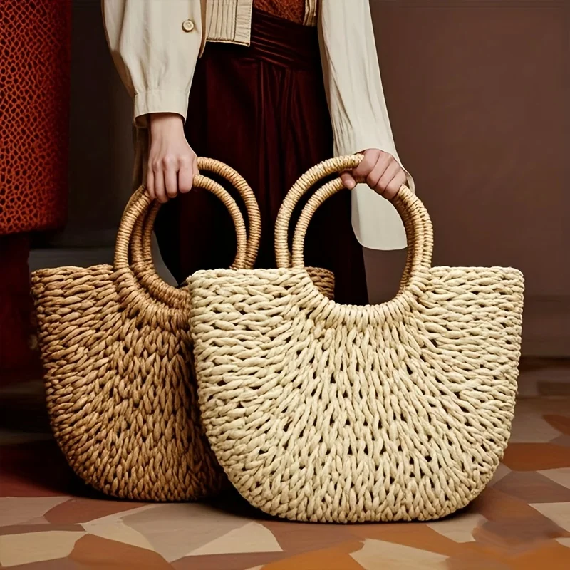 French Fan-shaped Woven Handbag (vacation Style Woven Bag), Suitable for Beach Vacations, Beach Activities, Picnics, and Camping