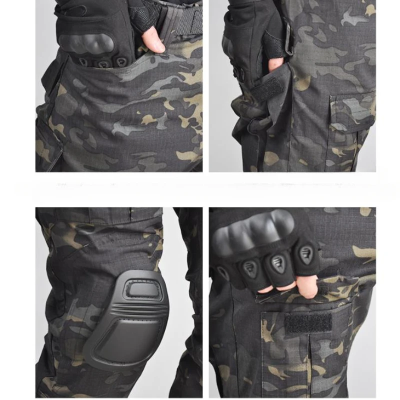 Mens Hiking Combat Sets Breathable Camo Patchwork T-shirt+Multi Pocket Wear-resistant Cargo Pants Suit Tactics Training Uniform