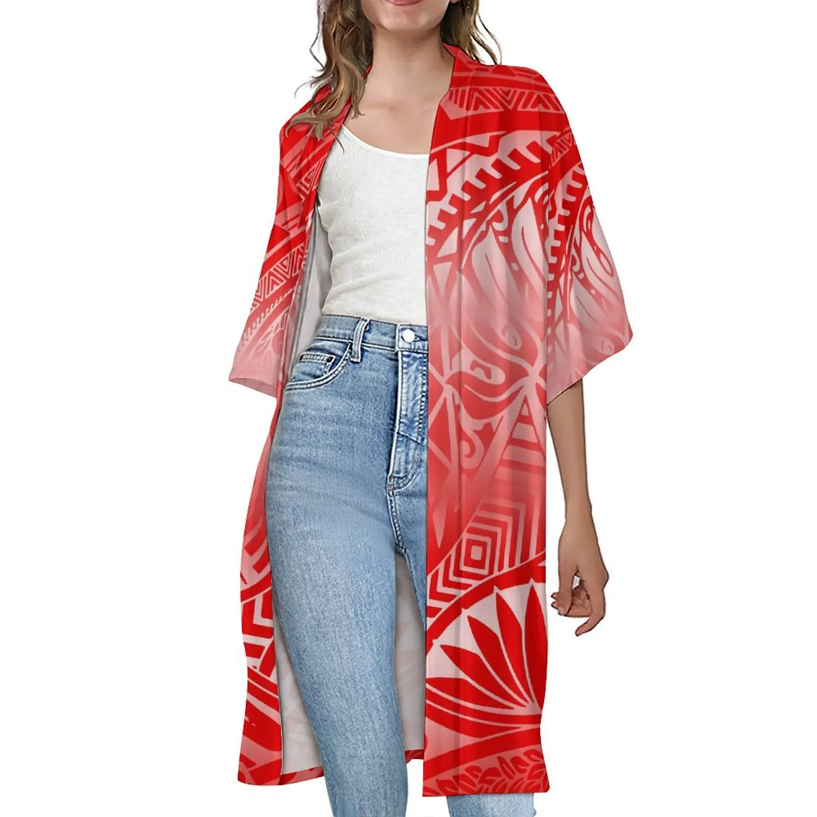 

Hawaiian Vacation Women'S Cape Polynesian Summer Short Sleeve Cardigan Coat Tribal Print Fijian Island Clothing Loose Coat
