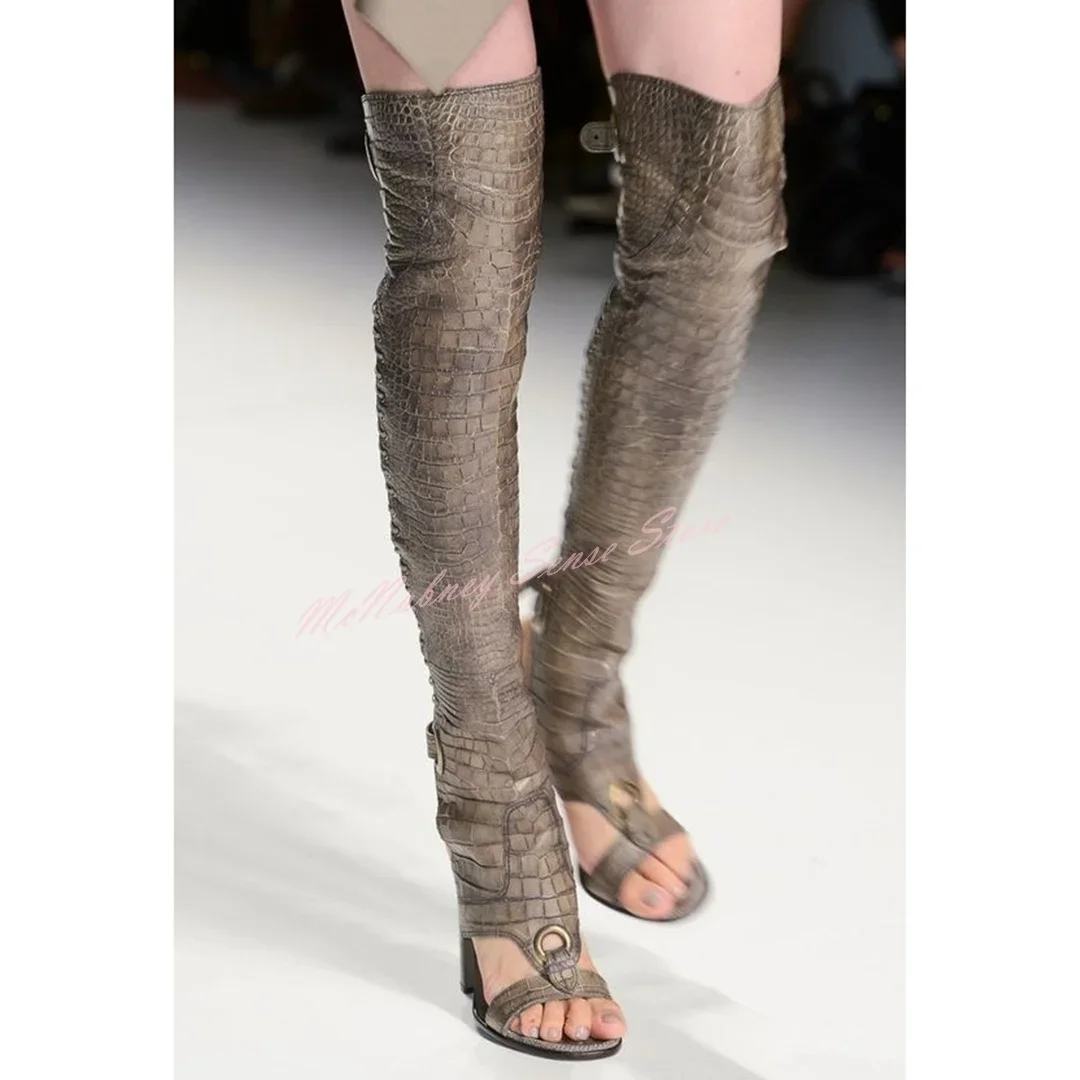 

Snake Pattern Buckles Boots Open Toe Chunky High Heels Hollow Cross Tied Straps Over The Knee Boots Sping Summer Women New Shoes