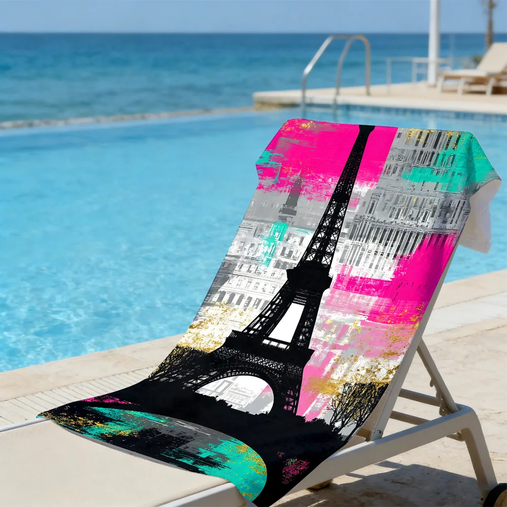 Paris Eiffel Tower Beach Towel – Oversized Quick Dry Sand Free with Neon Pink & Teal Print