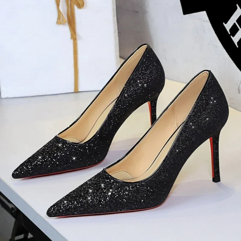 BIGTREE Sexy Stiletto High Heels Pointed Toe Women Pumps Slip on Elegant Bling Glitter Wedding Bridal Banquet Prom Shoes
