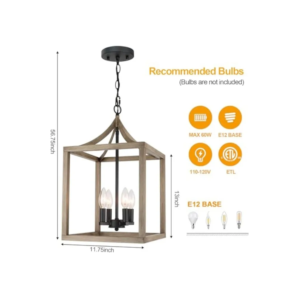 Rustic 4-Light Farmhouse Chandelier, Wood-Tone Metal Cage, Adjustable Chain, E12 Base, Perfect for Entry, Kitchen, Indoor Spaces