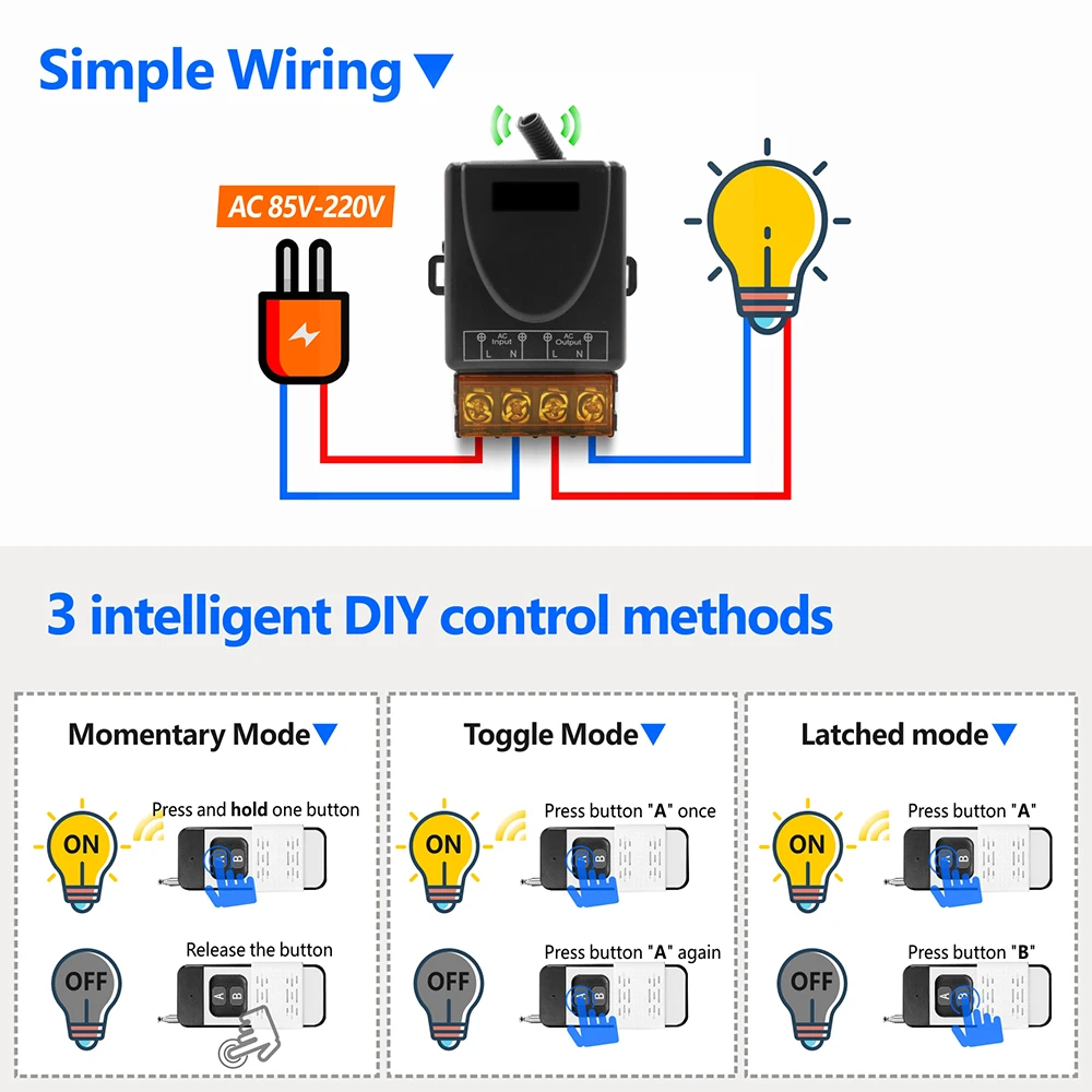 433MHz Wireless Remote Control 1000m Range AC 110V 220V 30A RF Relay Receiver and Transmitter for Lamp Electric Appliance ON/Off