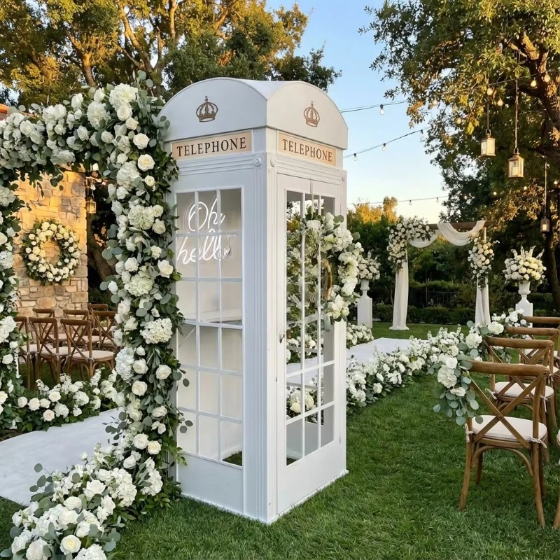 Graduation Photo Booth Props Antique Pink White Flower Metal Phone Booth Outdoor Wedding Decoration OEM Party