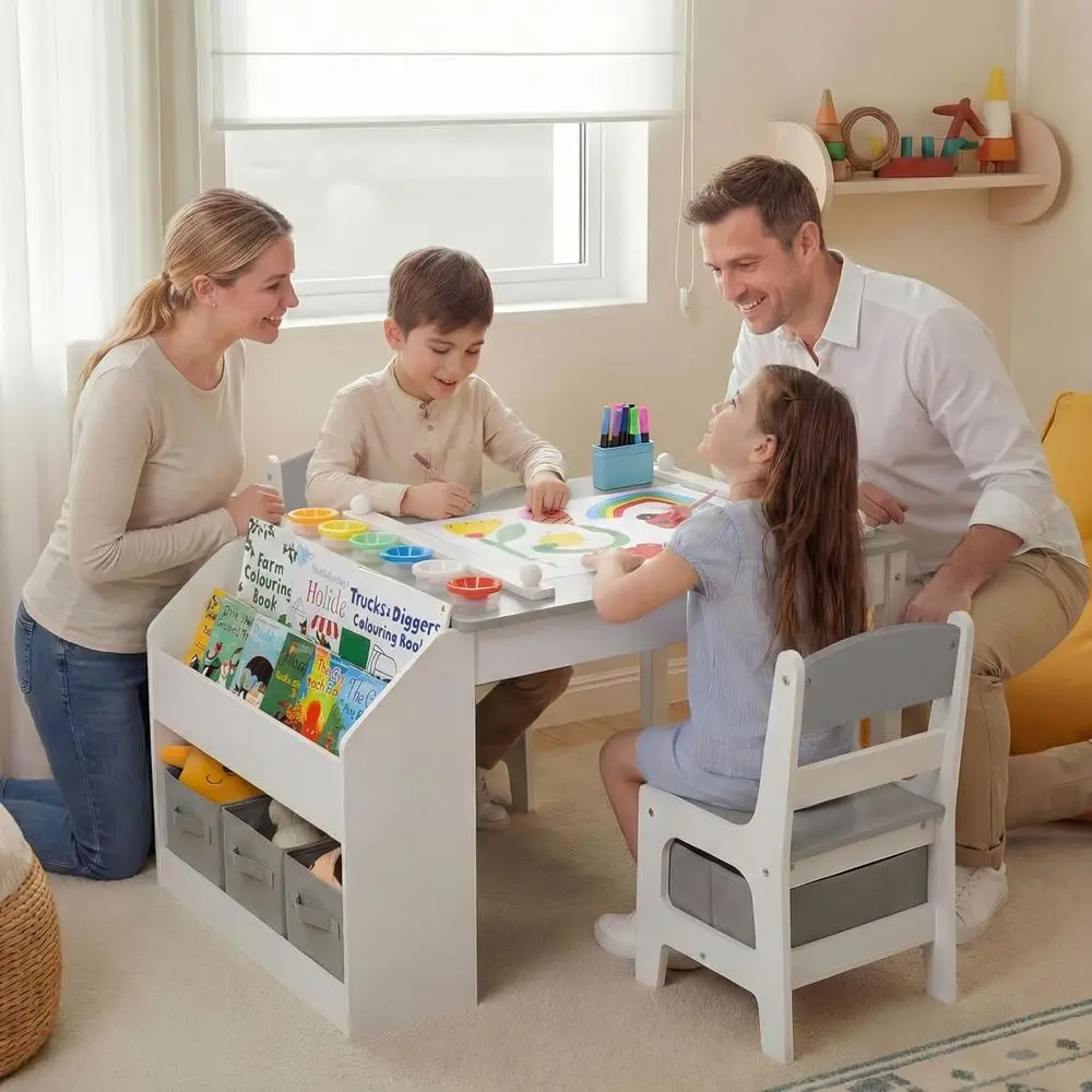 Kids Art Table & 2 Chairs Set, Paper Roll & Bookshel, Grey | Wood Toddler Activity Table w/Storage, Ding, Studying, Playing, Kid view 6