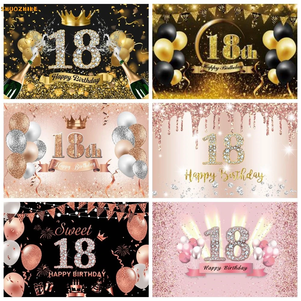 

Happy 18th Birthday Party Backdrop Pink Blue Black Gold Glitter Balloons Girl Boy 18 Years Old Custom Photography Background