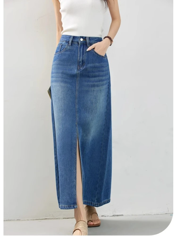

VIMLY Mini Denim Skirt Women's 2025 Summer Vintage Clothing Navy Blue Jean Skirt A-line High Waist Pockers Woman Skirts 30273