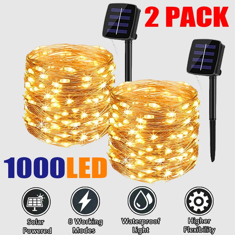 

Outdoor Solar String Light 102m/52M/32m/12m/7m 8 Mode 1000 LEDs Fairy Holiday Christmas Party Garland Solar Garden Wire Lamp