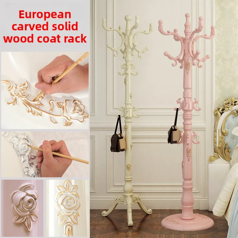 Carved European Solid Wood Coat Rack Elegant Floor Standing Garment Rack for Home Clothe Organizer with Hallway Entryway Storage