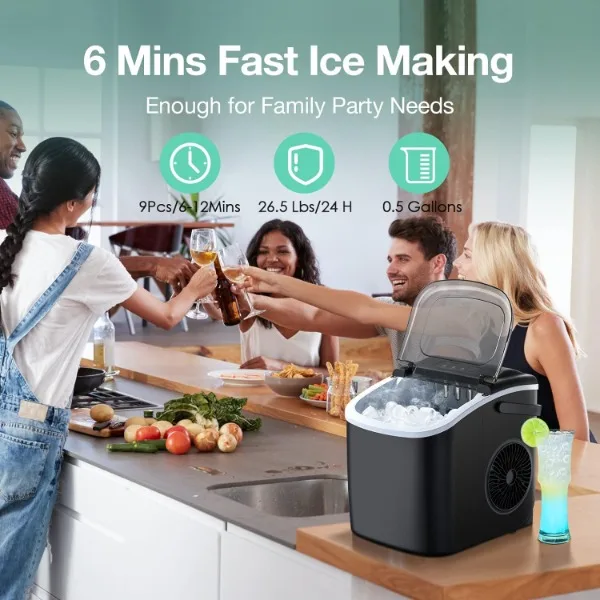 Countertop Ice Maker, Ice Maker Machine 6 Mins 9  26.5lbs/24Hrs, Portable Maker Machine with Self-Cleaning, Ice Scoop