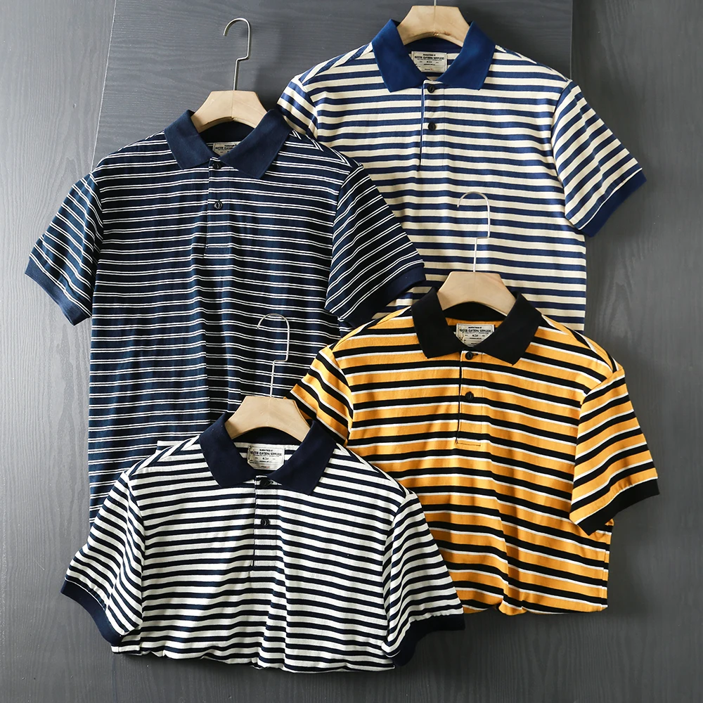 

Мужская футболка Ameika High Weight Stripe из чистого хлопка с отложным воротником, в стиле Sea Soul, модная городская летняя одежда