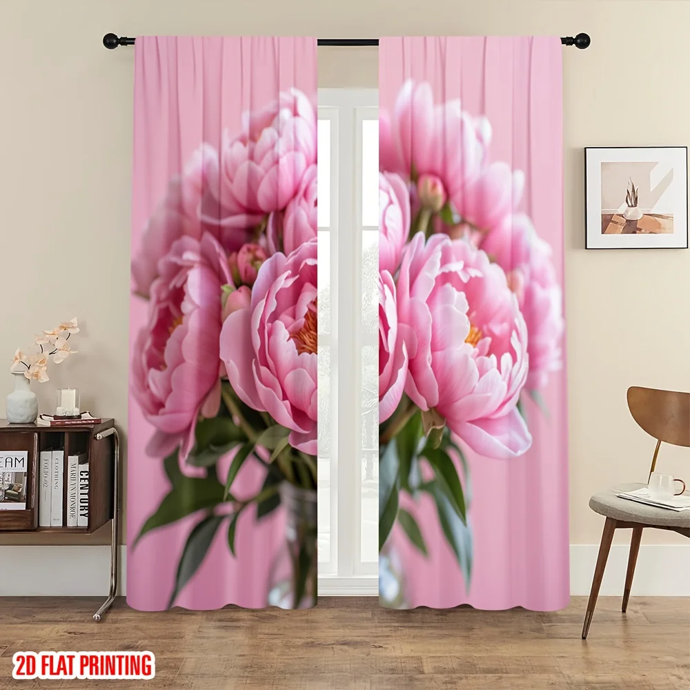 Soft Pastel Pink Peony Window Curtains 2 Panels Pink Background Floral Vase Light Blocking Drapes Sweet Balcony Rest Room Decor