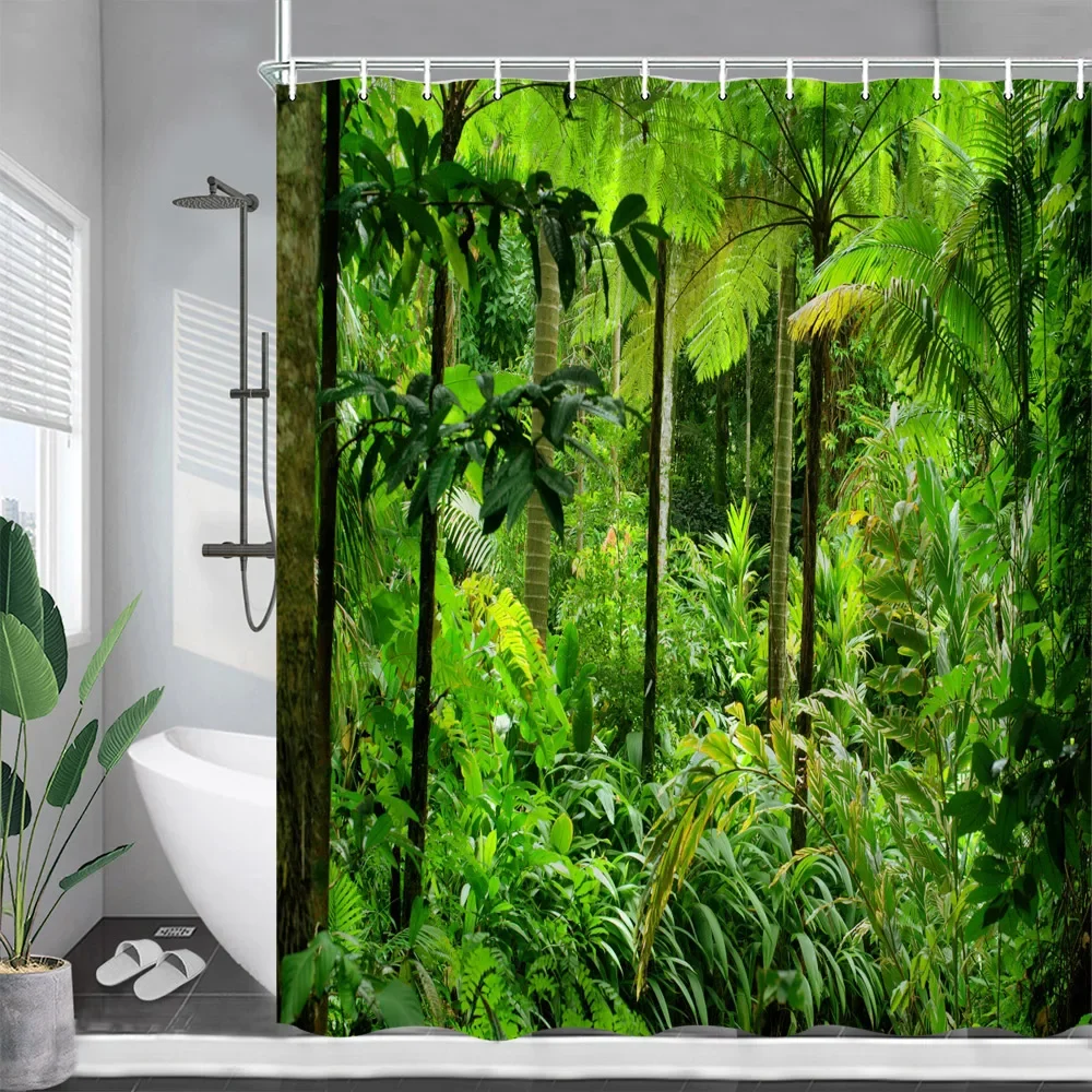 Nature Forest Landscape Shower Curtains Green Plants Trees Rainforest Scenery Garden Wall Hanging Home Bathroom Decor with Hooks