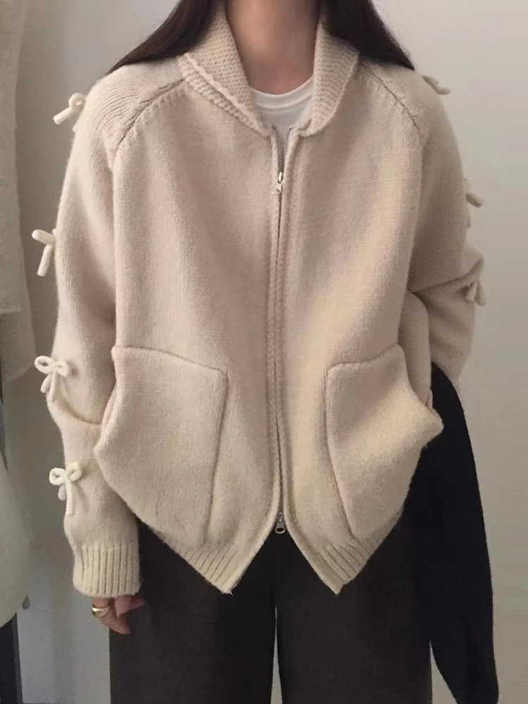 Korea Chic Autumn Winter New Foreign Style Three-dimensional Bow Decoration Jackets  Loose Long-sleeved Knitted Sweater Coat