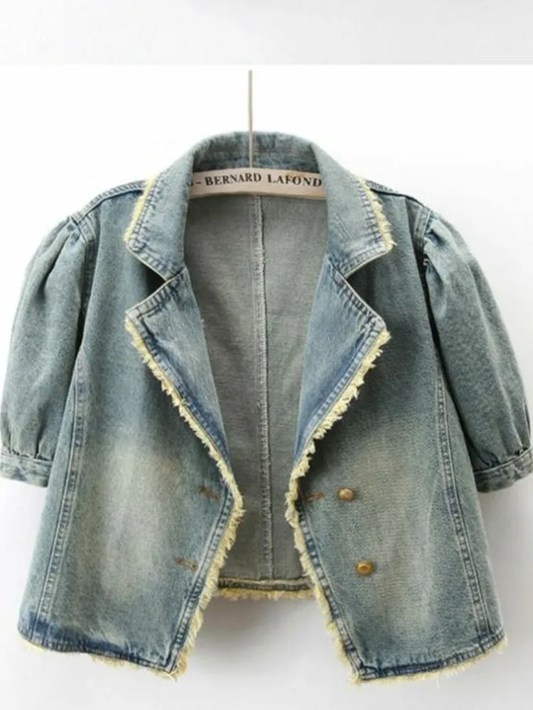Summer Thin Short Bubble Sleeve Denim Jacket Women's Loose Style Retro Korean Version Commute Style Pure Color Button up Coat