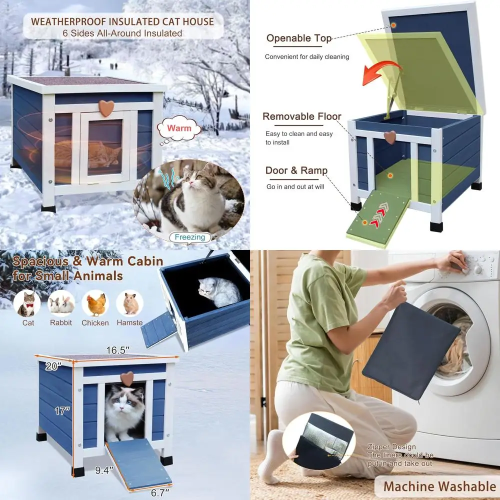 

Изолированный всепогодный уличный кошачий домик с теплой подкладкой для зимы, синее деревянное укрытие для ферлов и кроликов