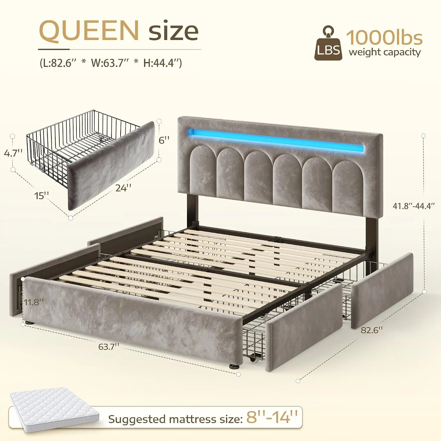 Velvet Upholstered Queen Bed Frame with 4 Storage Drawers | Adjustable Headboard for Different Mattresses, LED, Customized