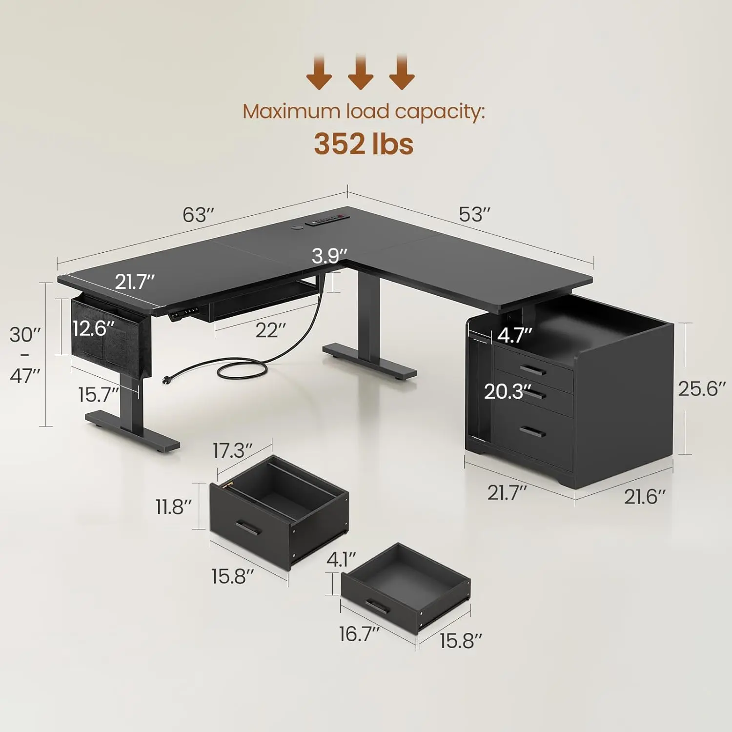 L Shaped Electric Standing Desk with File Cabinet, 63 x 53'' Height Adjustable Home Office Computer Desk with Drawers, Po