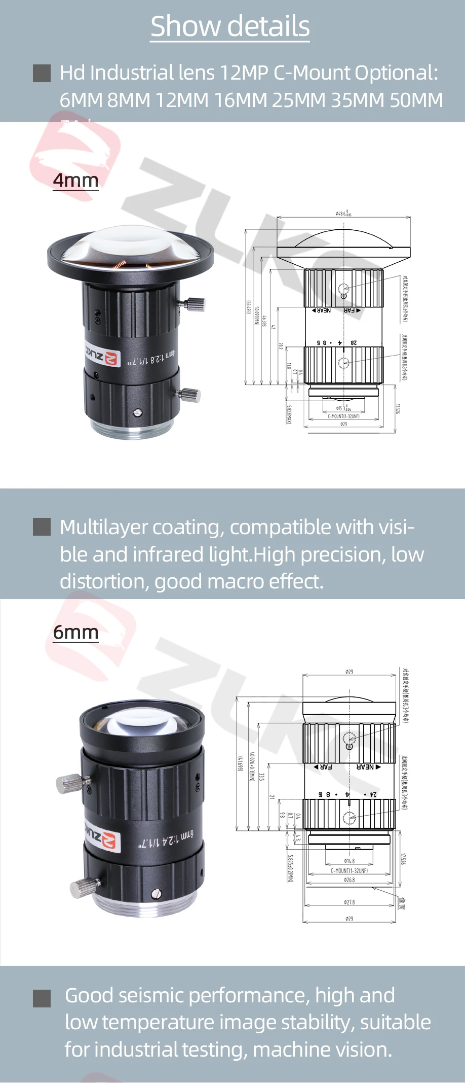 ZLKC 1/1,7 Zoll Objektiv fa 4mm 6mm 12mm 16mm 25mm 35mm 50mm 75mm C-Mount Industrie objektive mit festem Fokus 12mp hoch auflöse – Detail 4