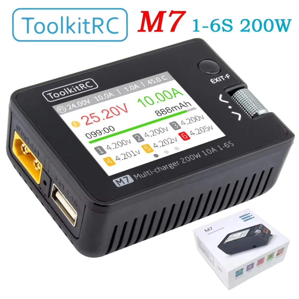 ToolkitRC M7 200W 10A DC Balance Charger Discharger, 1-6S LiPo, Servo Voltage Check, ESC & Receiver Test, IPS LCD Screen