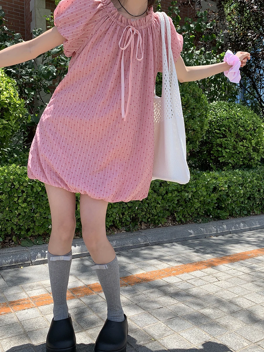 

Korean Fashion Summer New Women Dress Preppy Style Lace-up O Neck Short Puff Sleeve A Line Bud Dresses Pink Sweet Girls Dress