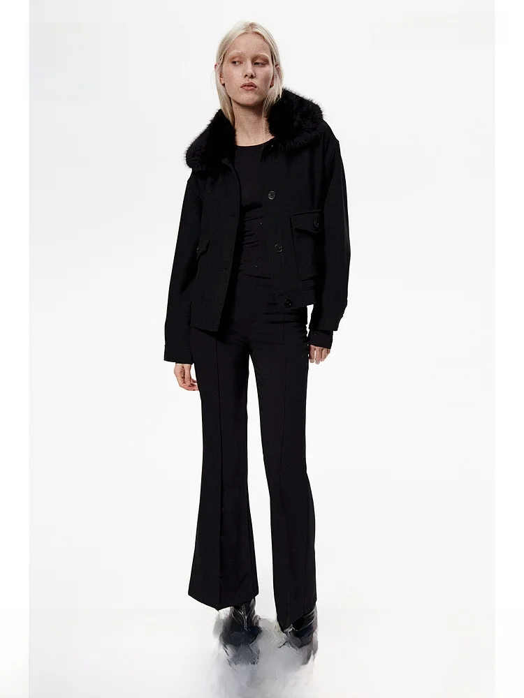 

Женский короткий кардиган H&M с воротником из искусственного меха, теплый, свободного кроя, с длинными рукавами, на лето и зиму, модель 1250910