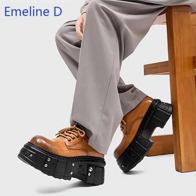 Men Platform Derby Shoes Crocodile Embossed Leather Chunky Rubber Sole Round Toe Lace Up Metal Rivet Decor Streetwear Footwear